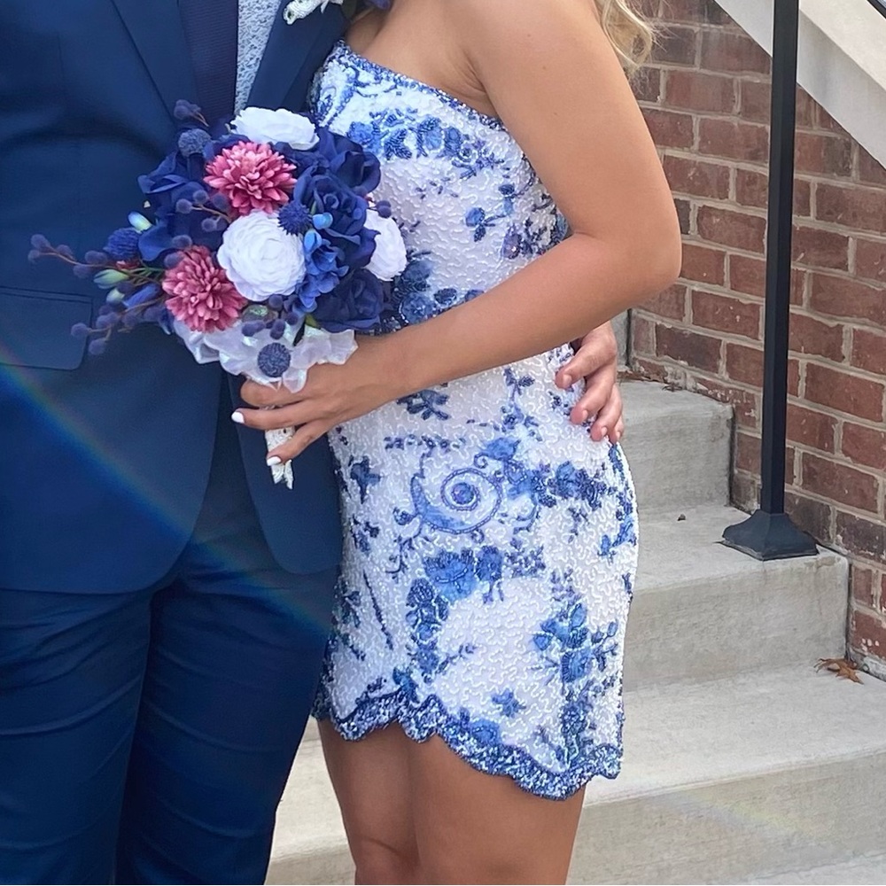 Sherri Hill Blue and White beaded Floral Prom Dress
